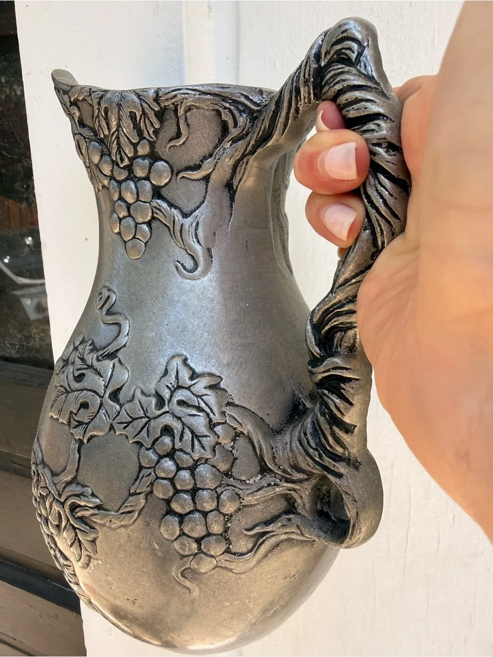 Ornate Grape Relief Pitcher in Antique Pewter Finish